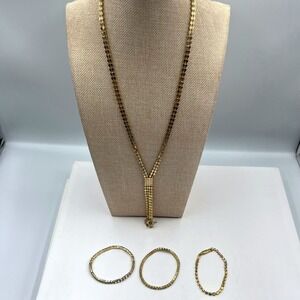Vintage Gold Tone Rhinestone Jewelry Set Y Lariat Necklace & 3 Tennis Bracelets